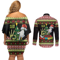 Six Seven Christmas Couples Matching Off Shoulder Short Dress and Long Sleeve Button Shirt Funny Santa and Green Hands - Wonder Print Shop