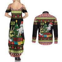 Six Seven Christmas Couples Matching Summer Maxi Dress and Long Sleeve Button Shirt Funny Santa and Green Hands - Wonder Print Shop
