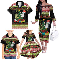Six Seven Christmas Family Matching Off The Shoulder Long Sleeve Dress and Hawaiian Shirt Funny Santa and Green Hands - Wonder Print Shop