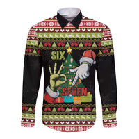 Six Seven Christmas Long Sleeve Button Shirt Funny Santa and Green Hands - Wonder Print Shop