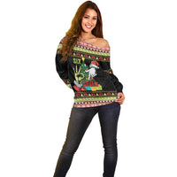 Six Seven Christmas Off Shoulder Sweater Funny Santa and Green Hands - Wonder Print Shop