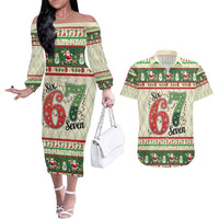 Funny Six Seven 67 Christmas Couples Matching Off The Shoulder Long Sleeve Dress and Hawaiian Shirt Christmas Santa Patterns - Wonder Print Shop
