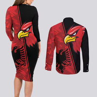 Albania Eagle Couples Matching Long Sleeve Bodycon Dress and Long Sleeve Button Shirt National Emblem Grunge Pattern - Wonder Print Shop