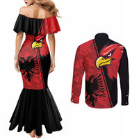 Albania Eagle Couples Matching Mermaid Dress and Long Sleeve Button Shirt National Emblem Grunge Pattern