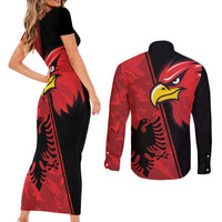 Albania Eagle Couples Matching Short Sleeve Bodycon Dress and Long Sleeve Button Shirt National Emblem Grunge Pattern - Wonder Print Shop