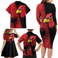 Albania Eagle Family Matching Long Sleeve Bodycon Dress and Hawaiian Shirt National Emblem Grunge Pattern - Wonder Print Shop