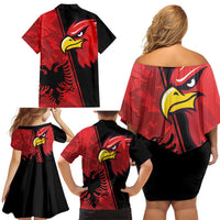 Albania Eagle Family Matching Off Shoulder Short Dress and Hawaiian Shirt National Emblem Grunge Pattern - Wonder Print Shop