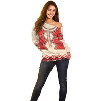 Folk Albanian Patterns Eagle Off Shoulder Sweater - Wonder Print Shop