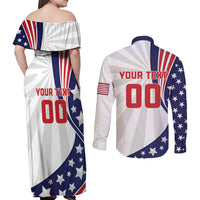 Custom United States Ice Hockey Couples Matching Off Shoulder Maxi Dress and Long Sleeve Button Shirt USA Go Champions
