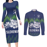 Custom Slovenia Hockey Couples Matching Long Sleeve Bodycon Dress and Long Sleeve Button Shirt Slovenija Lynx Mascot