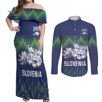 Custom Slovenia Hockey Couples Matching Off Shoulder Maxi Dress and Long Sleeve Button Shirt Slovenija Lynx Mascot