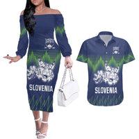 Custom Slovenia Hockey Couples Matching Off The Shoulder Long Sleeve Dress and Hawaiian Shirt Slovenija Lynx Mascot