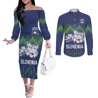 Custom Slovenia Hockey Couples Matching Off The Shoulder Long Sleeve Dress and Long Sleeve Button Shirt Slovenija Lynx Mascot