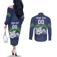Custom Slovenia Hockey Couples Matching Off The Shoulder Long Sleeve Dress and Long Sleeve Button Shirt Slovenija Lynx Mascot