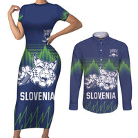 Custom Slovenia Hockey Couples Matching Short Sleeve Bodycon Dress and Long Sleeve Button Shirt Slovenija Lynx Mascot