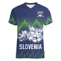 Custom Slovenia Hockey Women V-Neck T-Shirt Slovenija Lynx Mascot