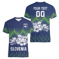Custom Slovenia Hockey Women V-Neck T-Shirt Slovenija Lynx Mascot