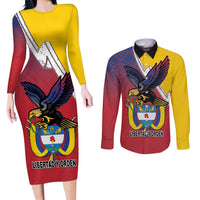 Colombia Coat Of Arms Couples Matching Long Sleeve Bodycon Dress and Long Sleeve Button Shirt With Flag Style And Folk Pattern - Wonder Print Shop