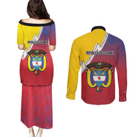 Colombia Coat Of Arms Couples Matching Puletasi and Long Sleeve Button Shirt With Flag Style And Folk Pattern - Wonder Print Shop