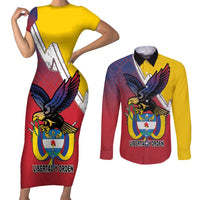 Colombia Coat Of Arms Couples Matching Short Sleeve Bodycon Dress and Long Sleeve Button Shirt With Flag Style And Folk Pattern - Wonder Print Shop