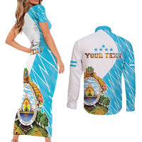 Personalized Honduras Coat Of Arms Couples Matching Short Sleeve Bodycon Dress and Long Sleeve Button Shirt Flag Color Style - Wonder Print Shop