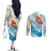 Personalized Roatan Honduras Couples Matching Off The Shoulder Long Sleeve Dress and Long Sleeve Button Shirt Scarlet Macaw With Hibiscus Flowers