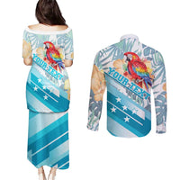 Personalized Roatan Honduras Couples Matching Puletasi and Long Sleeve Button Shirt Scarlet Macaw With Hibiscus Flowers - Wonder Print Shop