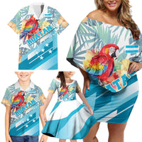Personalized Roatan Honduras Family Matching Off Shoulder Short Dress and Hawaiian Shirt Scarlet Macaw With Hibiscus Flowers - Wonder Print Shop