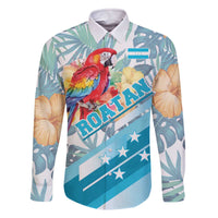 Personalized Roatan Honduras Family Matching Off Shoulder Short Dress and Hawaiian Shirt Scarlet Macaw With Hibiscus Flowers - Wonder Print Shop