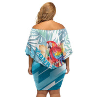 Personalized Roatan Honduras Family Matching Off Shoulder Short Dress and Hawaiian Shirt Scarlet Macaw With Hibiscus Flowers - Wonder Print Shop