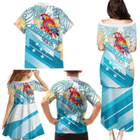 Personalized Roatan Honduras Family Matching Puletasi and Hawaiian Shirt Scarlet Macaw With Hibiscus Flowers - Wonder Print Shop