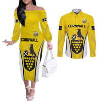 Custom Cornwall Rugby Couples Matching Off The Shoulder Long Sleeve Dress and Long Sleeve Button Shirt Cornish Chough Go Champion - Wonder Print Shop