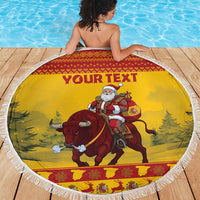 Personalized Spain Christmas Beach Blanket Santa Riding Red Bull Feliz Navidad - Wonder Print Shop