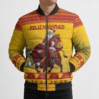 Personalized Spain Christmas Bomber Puffer Jacket Santa Riding Red Bull Feliz Navidad - Wonder Print Shop