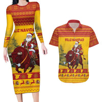 Personalized Spain Christmas Couples Matching Long Sleeve Bodycon Dress and Hawaiian Shirt Santa Riding Red Bull Feliz Navidad - Wonder Print Shop