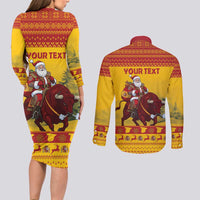 Personalized Spain Christmas Couples Matching Long Sleeve Bodycon Dress and Long Sleeve Button Shirt Santa Riding Red Bull Feliz Navidad - Wonder Print Shop