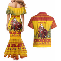 Personalized Spain Christmas Couples Matching Mermaid Dress and Hawaiian Shirt Santa Riding Red Bull Feliz Navidad - Wonder Print Shop