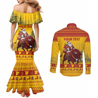 Personalized Spain Christmas Couples Matching Mermaid Dress and Long Sleeve Button Shirt Santa Riding Red Bull Feliz Navidad - Wonder Print Shop