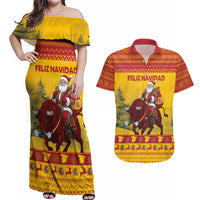Personalized Spain Christmas Couples Matching Off Shoulder Maxi Dress and Hawaiian Shirt Santa Riding Red Bull Feliz Navidad - Wonder Print Shop