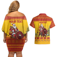 Personalized Spain Christmas Couples Matching Off Shoulder Short Dress and Hawaiian Shirt Santa Riding Red Bull Feliz Navidad - Wonder Print Shop