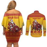 Personalized Spain Christmas Couples Matching Off Shoulder Short Dress and Long Sleeve Button Shirt Santa Riding Red Bull Feliz Navidad - Wonder Print Shop