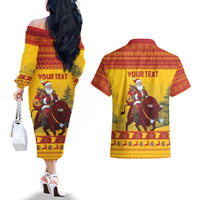 Personalized Spain Christmas Couples Matching Off The Shoulder Long Sleeve Dress and Hawaiian Shirt Santa Riding Red Bull Feliz Navidad - Wonder Print Shop