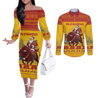 Personalized Spain Christmas Couples Matching Off The Shoulder Long Sleeve Dress and Long Sleeve Button Shirt Santa Riding Red Bull Feliz Navidad - Wonder Print Shop