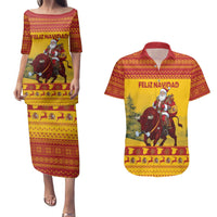 Personalized Spain Christmas Couples Matching Puletasi and Hawaiian Shirt Santa Riding Red Bull Feliz Navidad - Wonder Print Shop