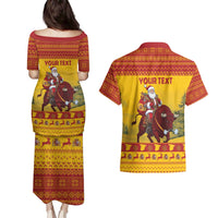 Personalized Spain Christmas Couples Matching Puletasi and Hawaiian Shirt Santa Riding Red Bull Feliz Navidad - Wonder Print Shop