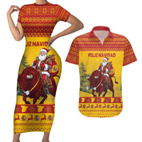 Personalized Spain Christmas Couples Matching Short Sleeve Bodycon Dress and Hawaiian Shirt Santa Riding Red Bull Feliz Navidad - Wonder Print Shop