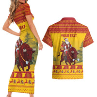 Personalized Spain Christmas Couples Matching Short Sleeve Bodycon Dress and Hawaiian Shirt Santa Riding Red Bull Feliz Navidad - Wonder Print Shop