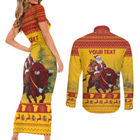 Personalized Spain Christmas Couples Matching Short Sleeve Bodycon Dress and Long Sleeve Button Shirt Santa Riding Red Bull Feliz Navidad - Wonder Print Shop