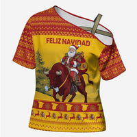 Personalized Spain Christmas Cross Shoulder Shirt Santa Riding Red Bull Feliz Navidad - Wonder Print Shop