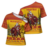 Personalized Spain Christmas Cross Shoulder Shirt Santa Riding Red Bull Feliz Navidad - Wonder Print Shop
